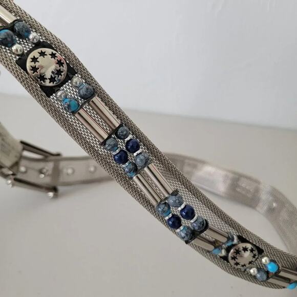 Embellished Metallic Mesh Belt Womens Size M Silver Tone Beaded Unique main image 6